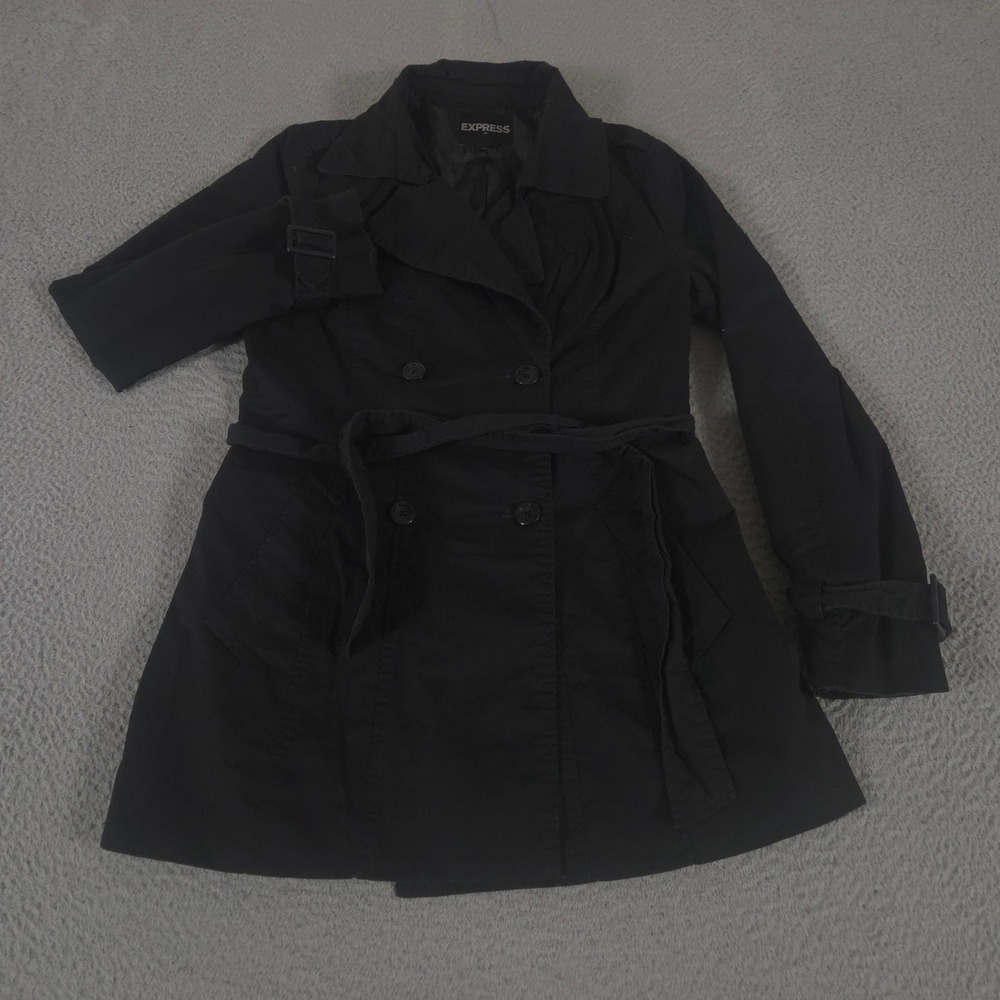 Express Jacket Womens Medium Black Double-Breasted Belted Trench Coat Cotton